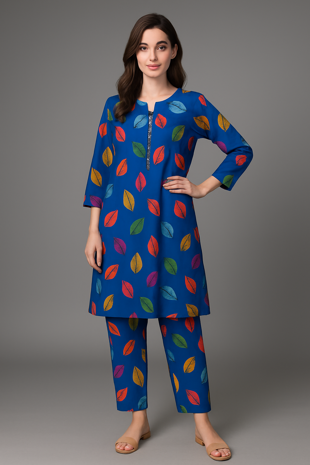 Leaf print stitched cotton 2 piece suit for summer wear